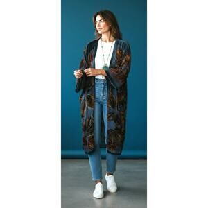 Soft Surroundings Sheer Kimono Duster Leaf Print Boho Open Front Jacket L/XL EUC